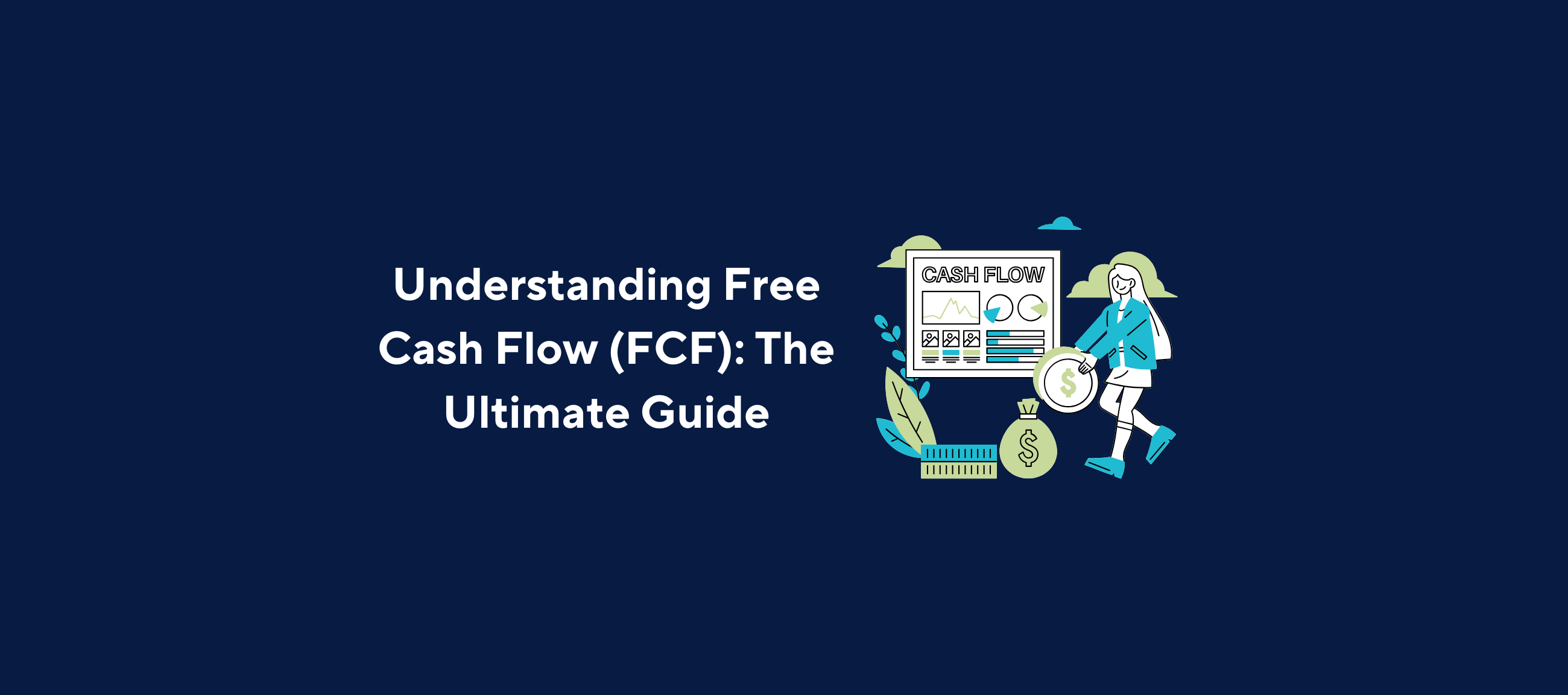 Illustration featuring a guide on understanding free cash flow (FCF) by Kolleno, with a cash flow diagram, financial icons, and a person holding a dollar coin on a dark blue background.