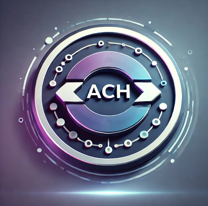 Abstract futuristic logo featuring the letters 'ACH' enclosed in a circular design with interconnected lines, glowing accents, and a high-tech, metallic appearance.