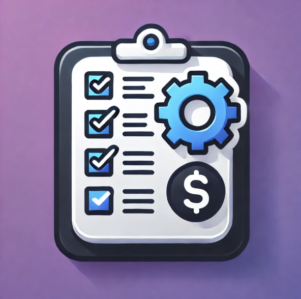 A checklist with a gear icon and dollar symbol, symbolizing financial processes, accounts receivable management, and optimization