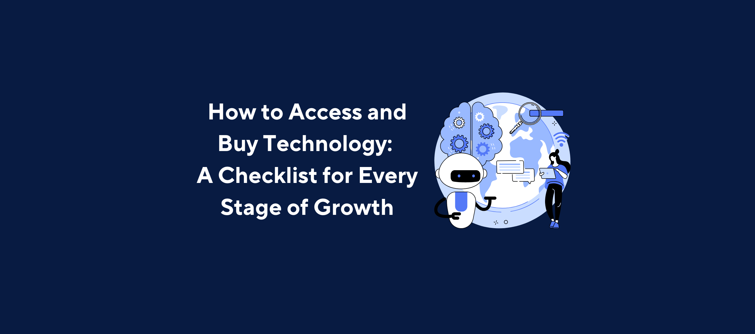 Kolleno guide cover showing steps to access and purchase technology at different growth stages, with illustrated robot and digital tools around a globe